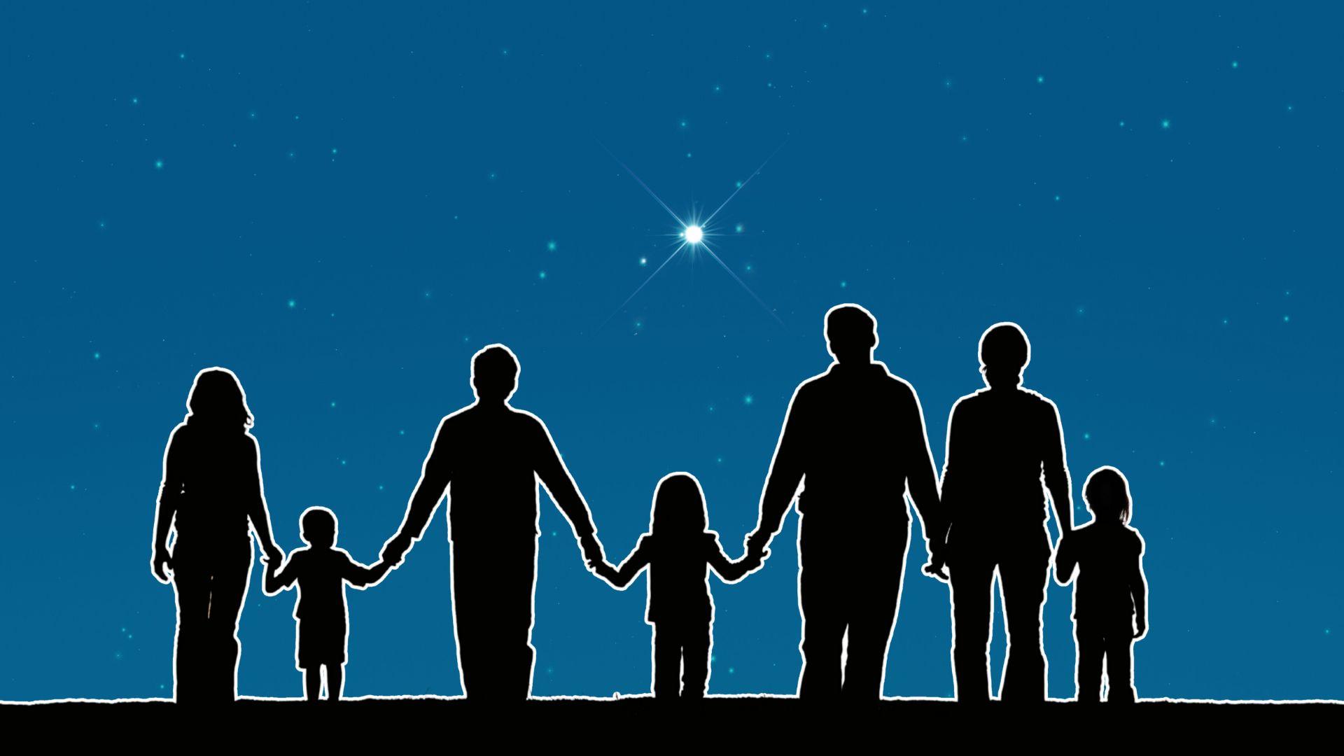 A graphic of people holding hands facing a bright star in the sky